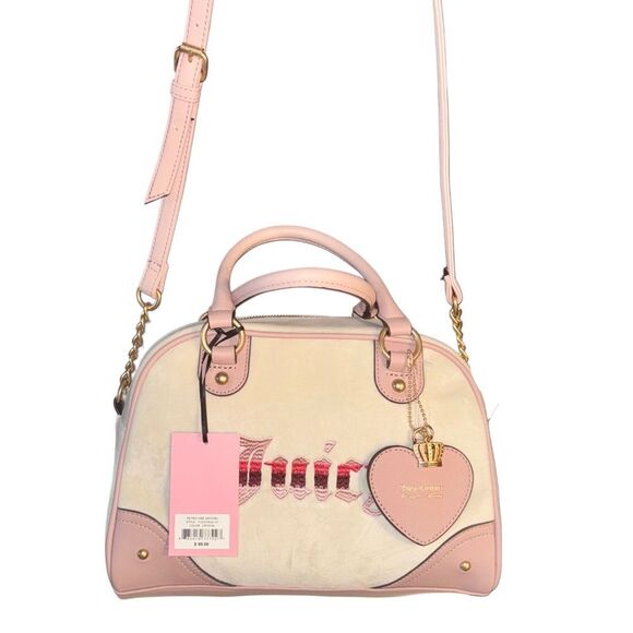 Juicy Couture Crystal Velour Pink Faux Leather Retro Vibe Satchel Crossbody Bag - Picture 2 of 10